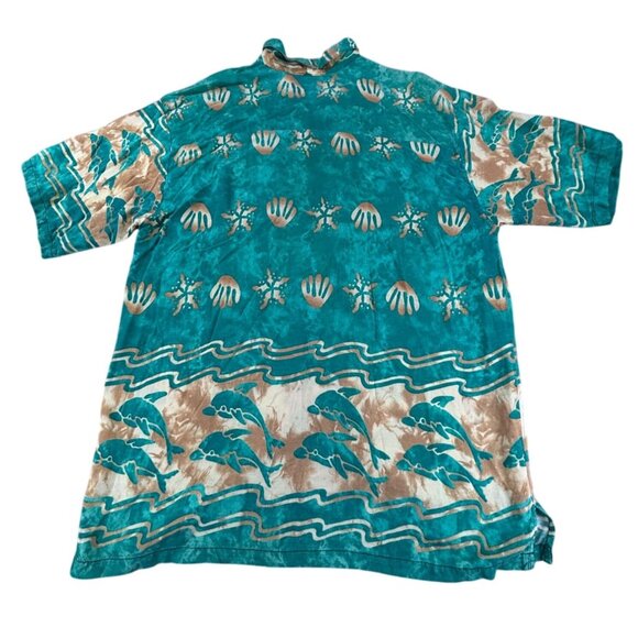Vintage Hawaiian Dolphin Shirt Green & Beige Mens M Camp Resort - Picture 2 of 9